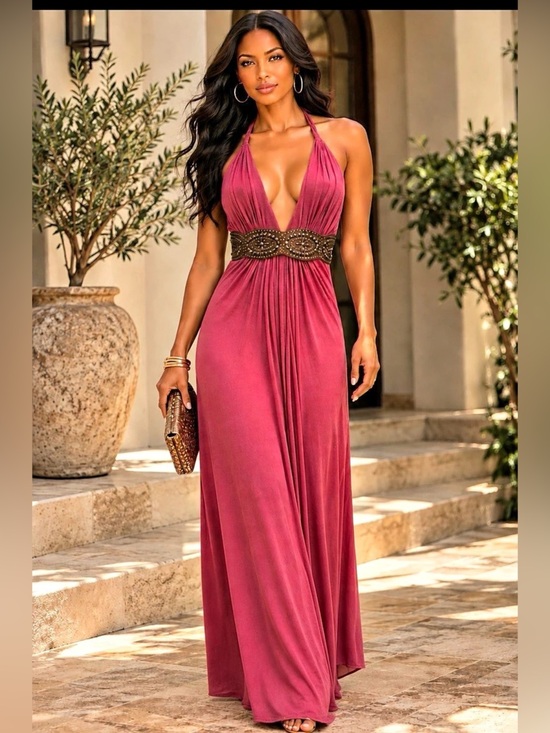 Sky Dresses & Skirts - Sky Brand Halter Maxi Dress Mauve Rose Leather Trim Size M
